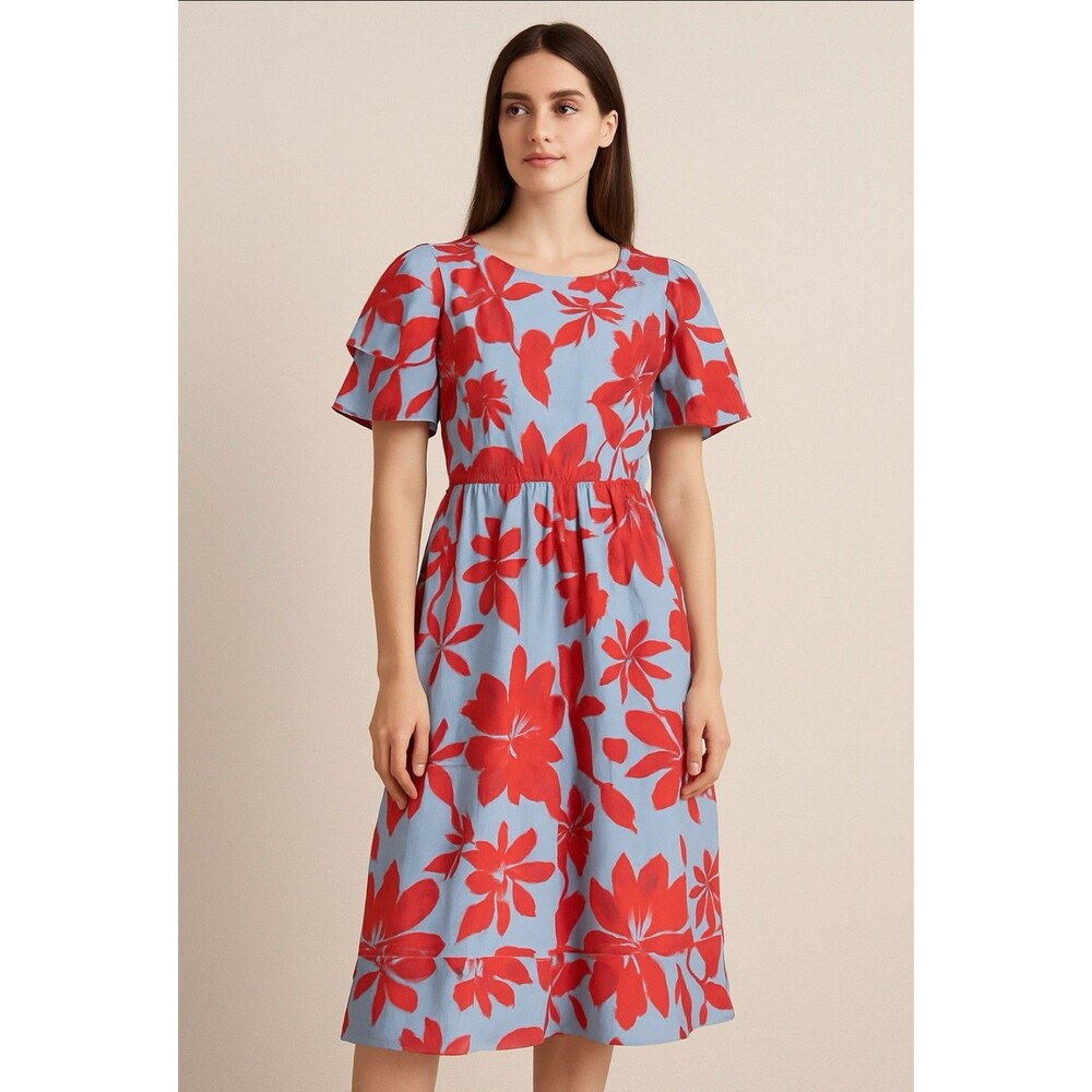 Maude Vivante Dress Haley Maxi‎ Poplin Red Blue Florals 100% Cotton Short Sleeve